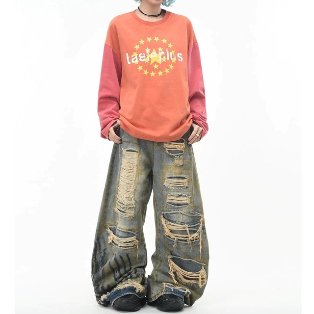 サークルスターカラーブロックウォッシュルーズTシャツ 2col R02634