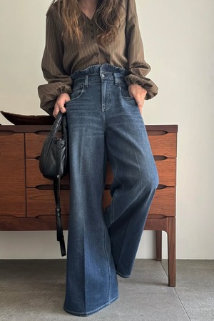 Healthy DENIM × WILLFULLY"Harmonia" waist frill wide denim ウエストフリルワイドデニム　Blue