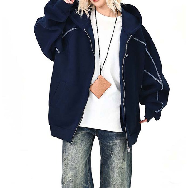 ラインステッチエンブレムジップフーディ 2col   R01484