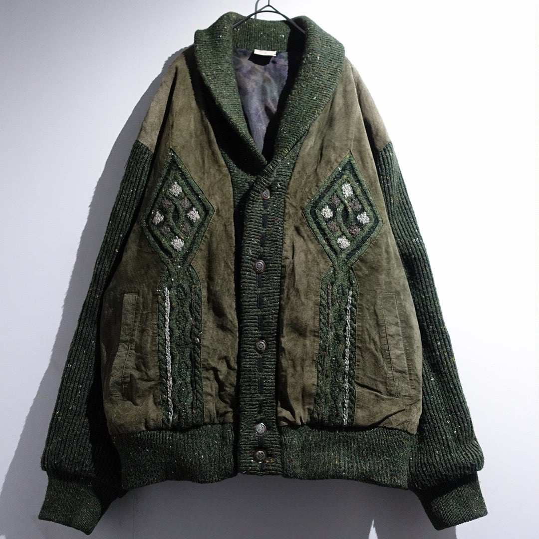 EURO Green Leather Switching Design Nep Knit Jacket