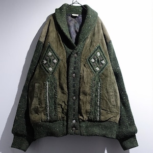 EURO Green Leather Switching Design Nep Knit Jacket