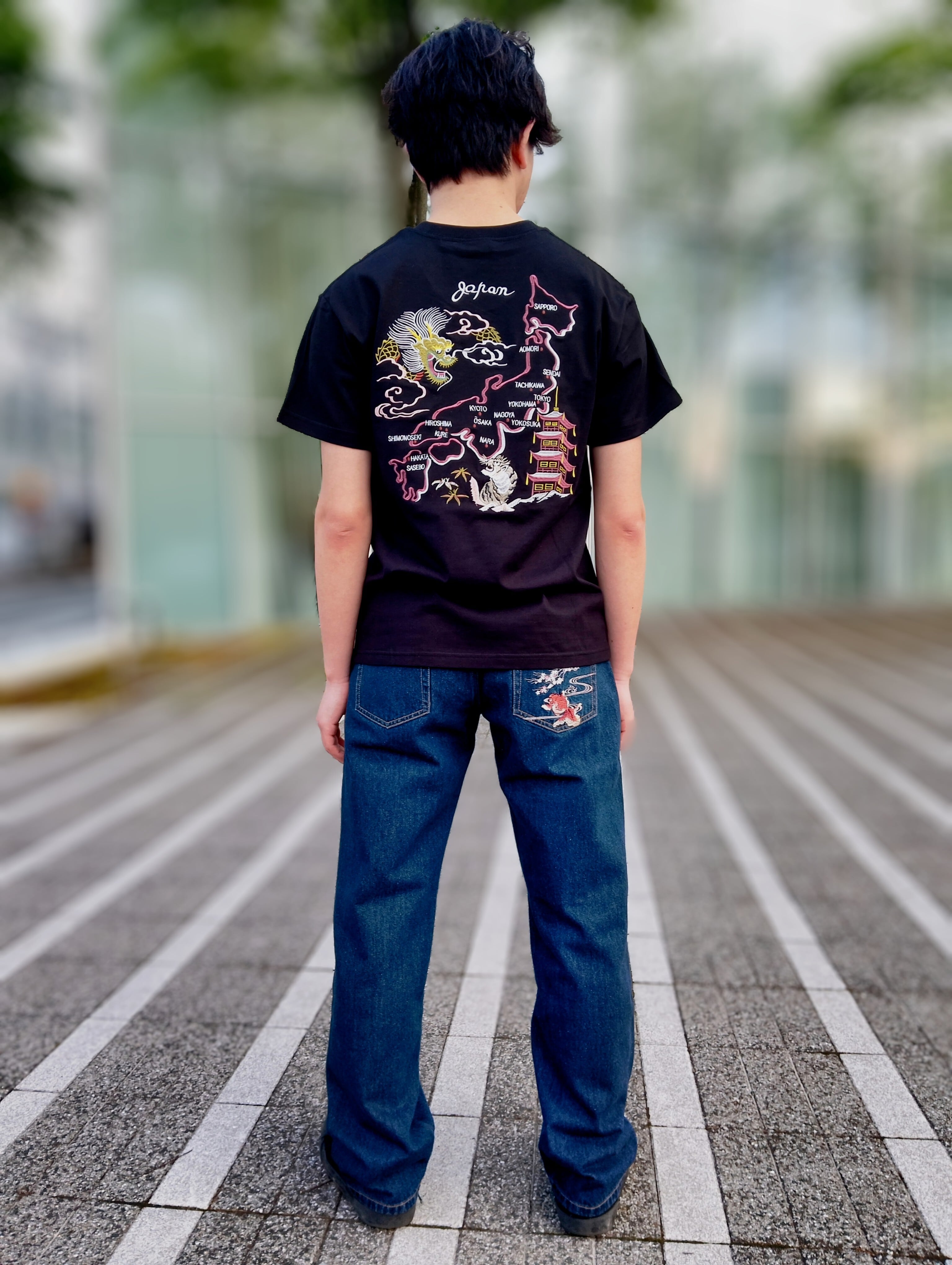 ST-603 日本地図に龍虎 刺繍半袖Tシャツ ブラック S・M・L・XL・XXL
