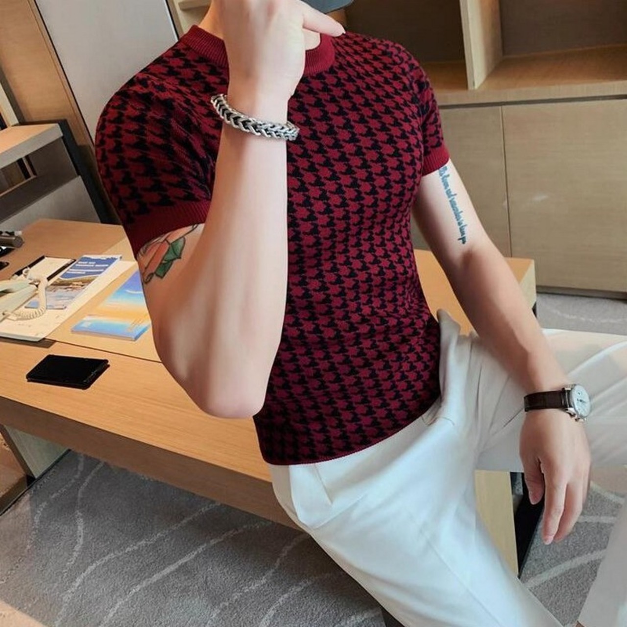 plaid crew neck sweater 00237