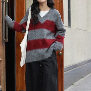 v-neck striped knit pullover　J00360