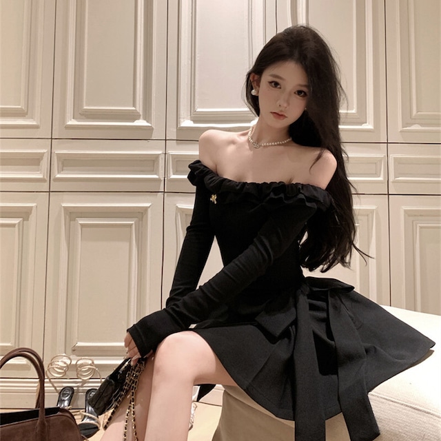 ワンピース ボートネックデザイン パーティー リボン ブラック S M L