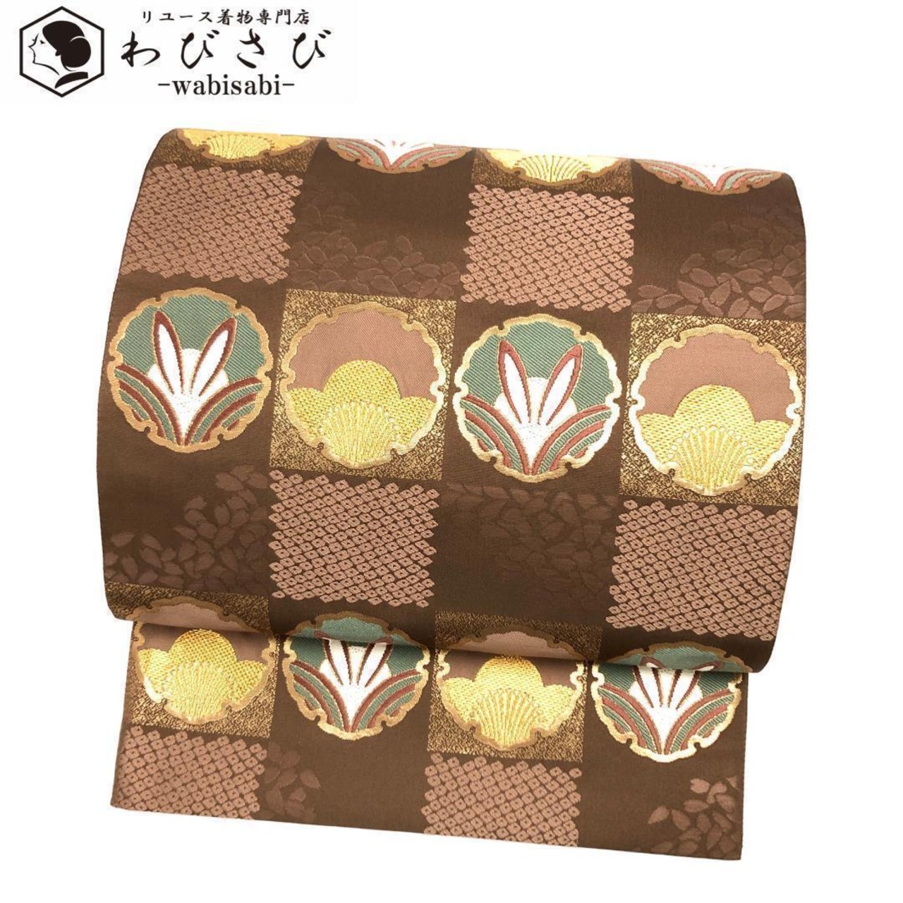 袋帯 雪輪紋にうさぎ 兎 格子柄 花柄 金糸 蝋色 O-2039 | リユース着物  