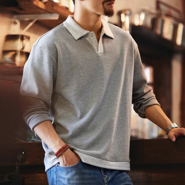 バイカラーワッフルポロカラーシャツ 11169