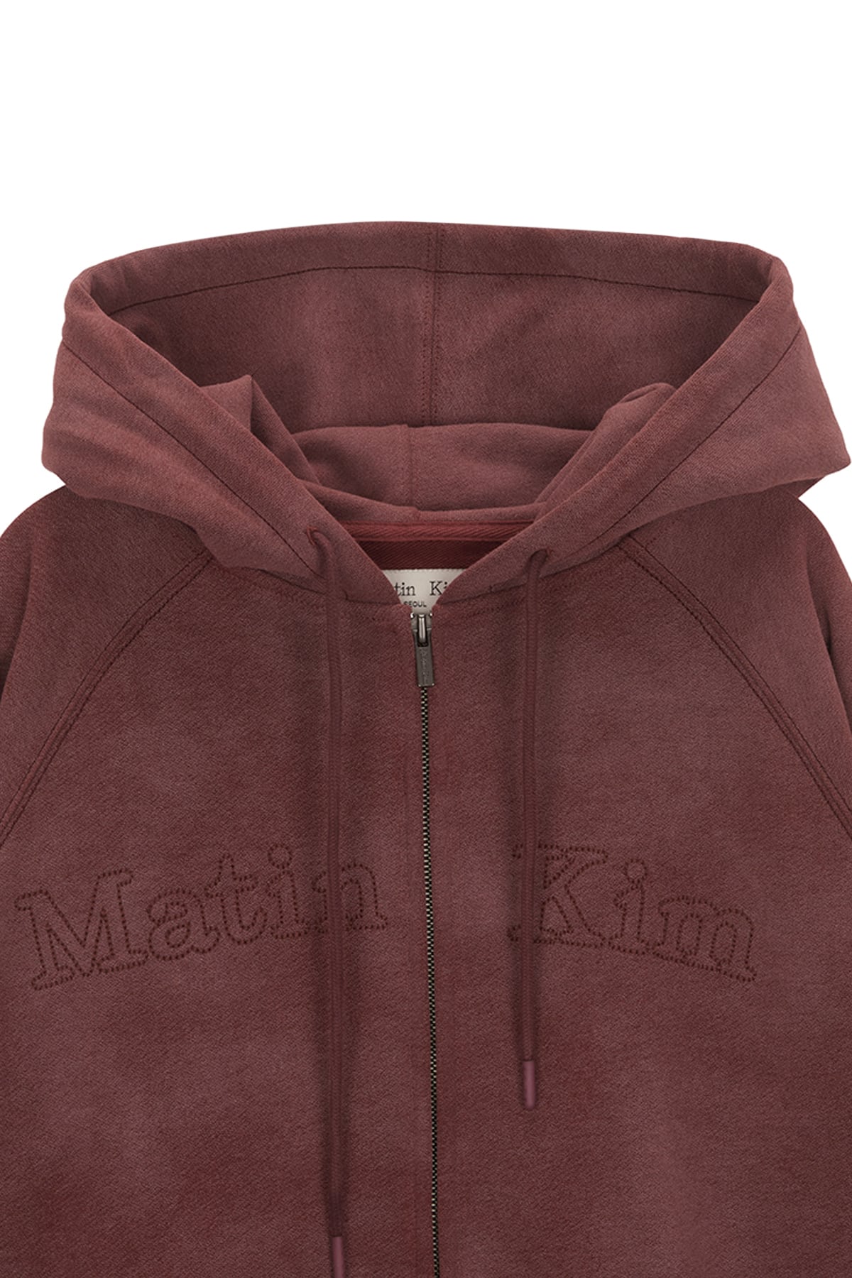 Matin Kim] FRONT LOGO STITCH WASHED HOODY ZIP UP IN BURGUNDY 正規