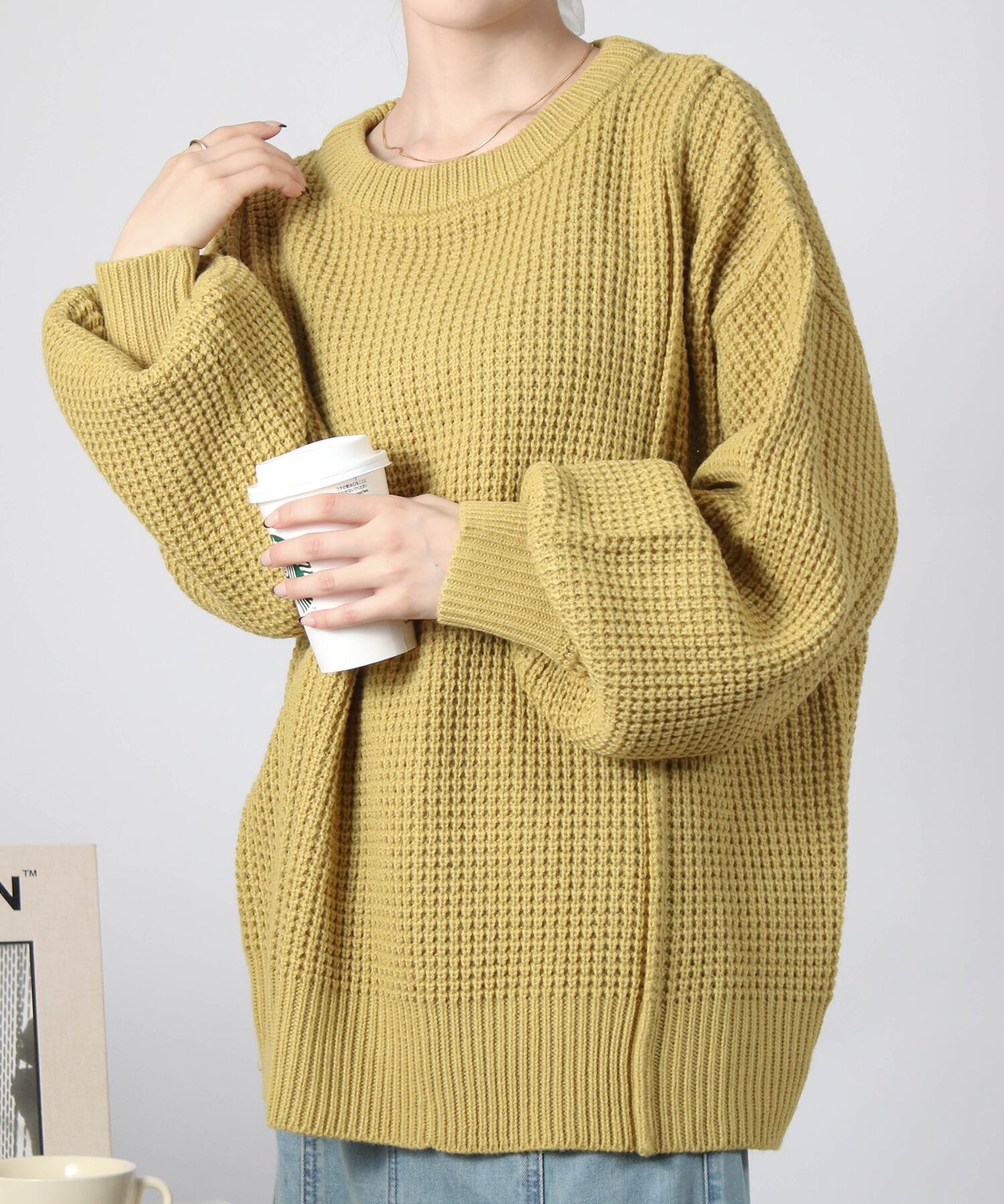 ワッフル編みニットトップス