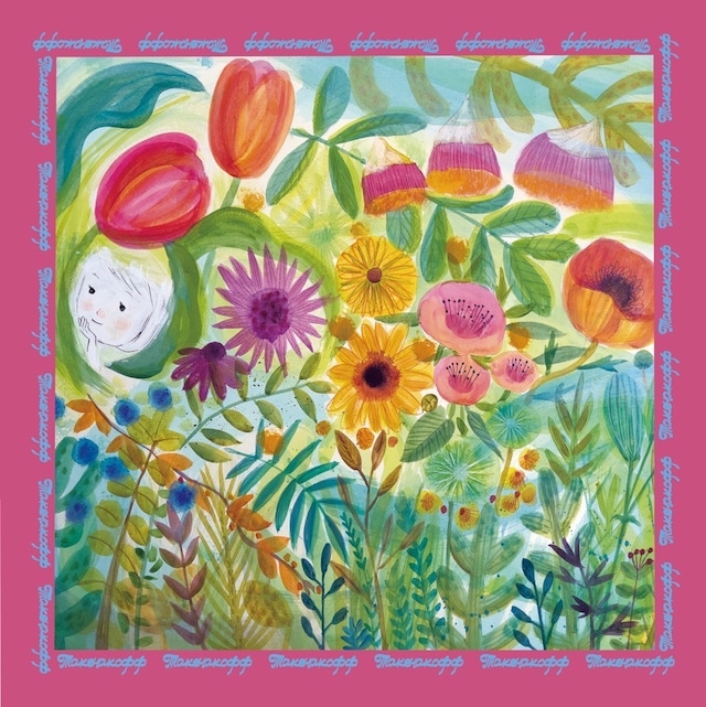 絵のようなスカーフ『桃花色の庭』