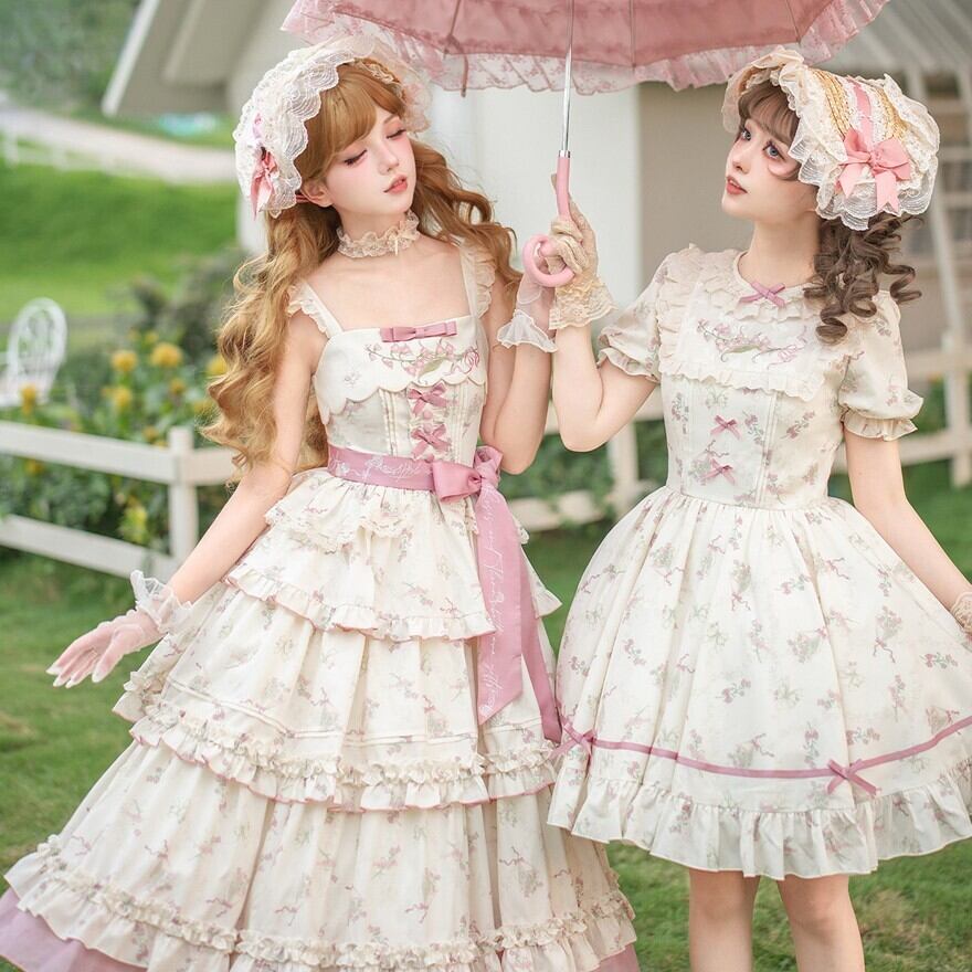 クラロリ｜花柄JSK4点セット（生成り×ピンク）お茶会 | ロリータ