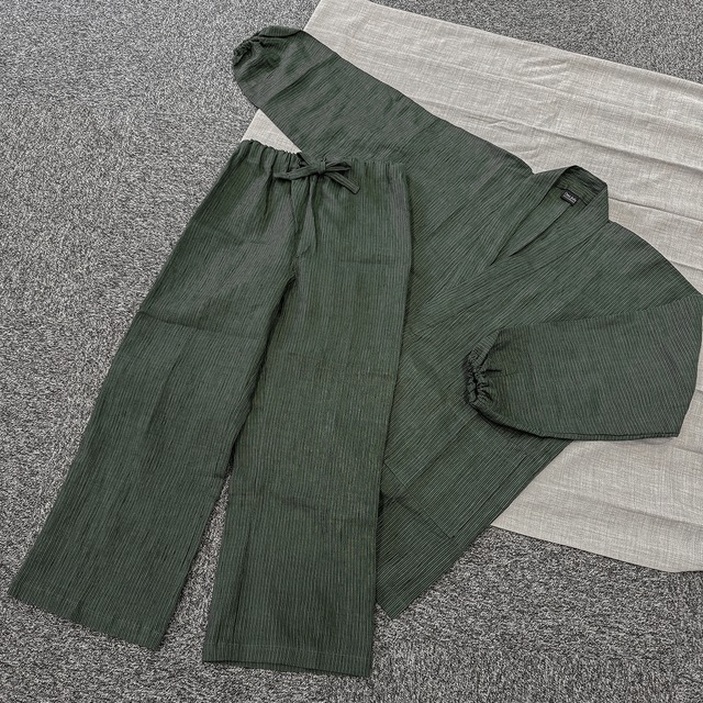 【男女兼用】【ラミー100％】作務衣　上下セット【モスグリーン縞柄】パンツサイズ2種