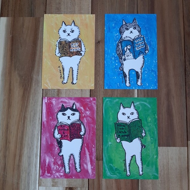 《ポストカード》くまくら珠美「４匹の読書猫」