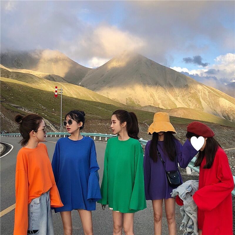 スプリングルーズカラーラウンドネックTシャツ シャツ ロング 春物 Oネック ピュア YY-ファッション18674422098