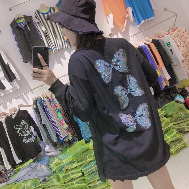 2020年秋の新しいプラスサイズの女性の明るいダイヤモンドcompionate女性のファットシスターは、薄手でウエスタンスタイルのカバーベリートップTシャツです ミックスインファッション643752709