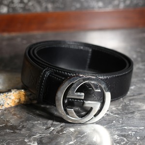 .GUCCI GG PATTERNED EMBOSSED LOGO BUCKLE LEATHER BELT/グッチGG柄型押しロゴバックルレザーベルト 2000000068756