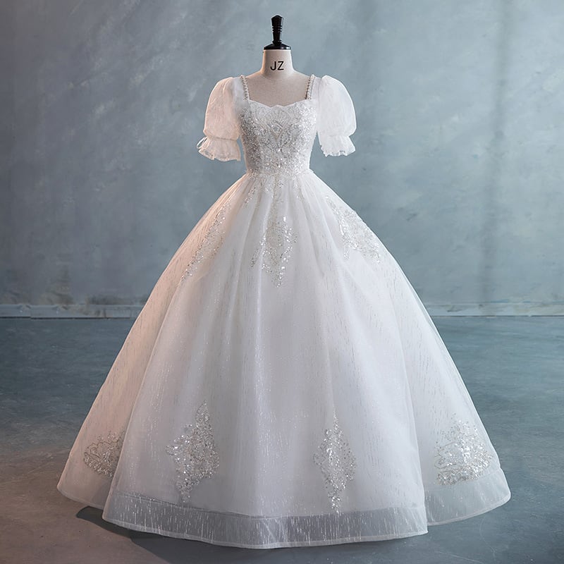 8057ウェディングドレス 白 大きいサイズ 半袖 プリンセス Aライン