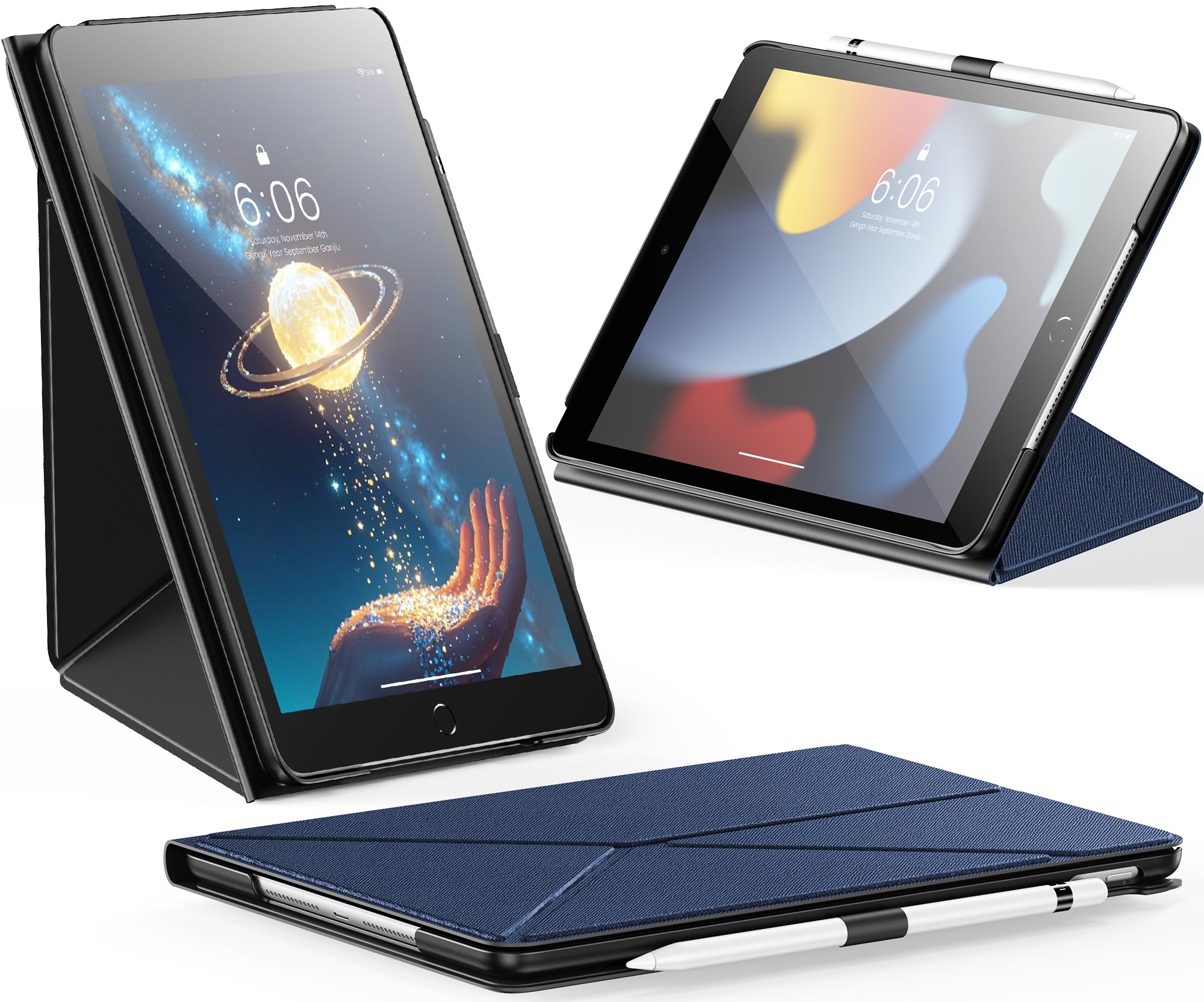 INFILAND iPad 9世代 ケース 第8/7世代 (2021/2020/2019) 対応、10.2インチ用 スリムブックスタイルカバー、横向き&縦向きスタンド機能付き 軽量保護ケース (ネイビーブルー)