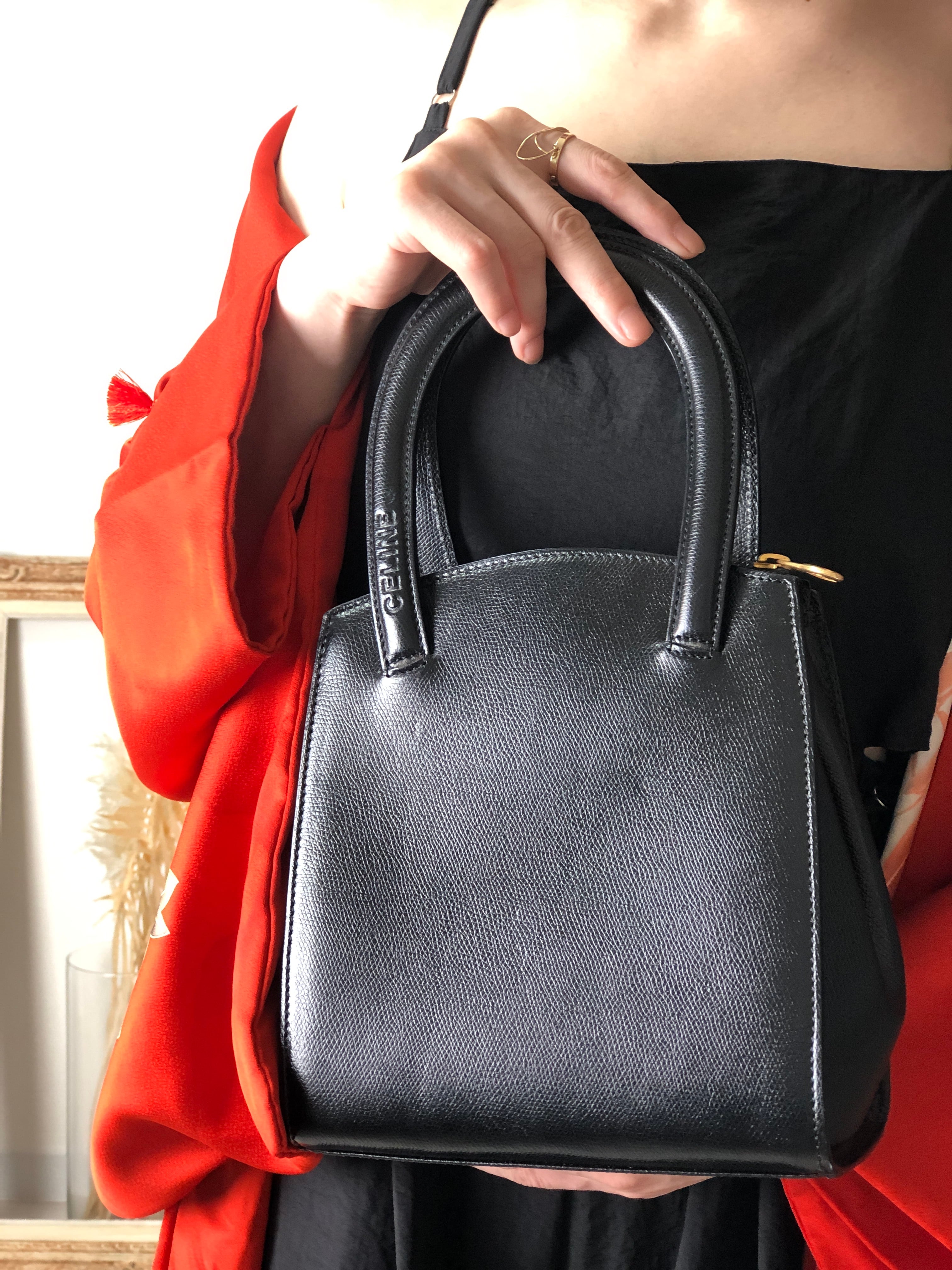 CELINE セリーヌ ハンドバッグ ブラック ロゴ型押し レザー vintage