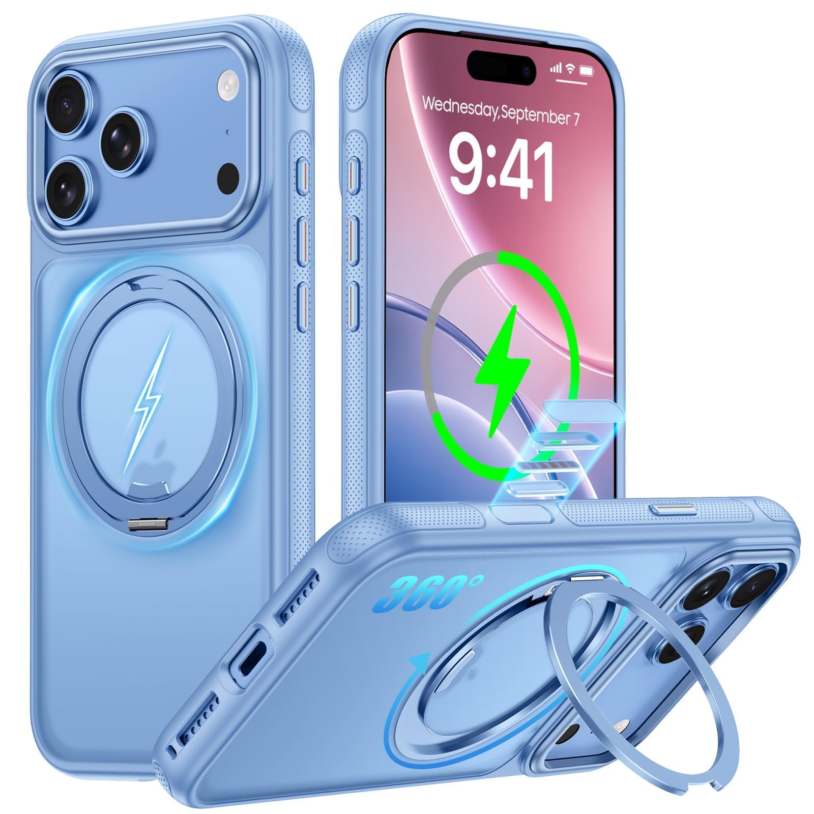 OURJOY iPhone 18 Pro Max/17 Pro Max 用 ケース MagSafe対応 360回転スタンド ドット柄「グレイシャー」