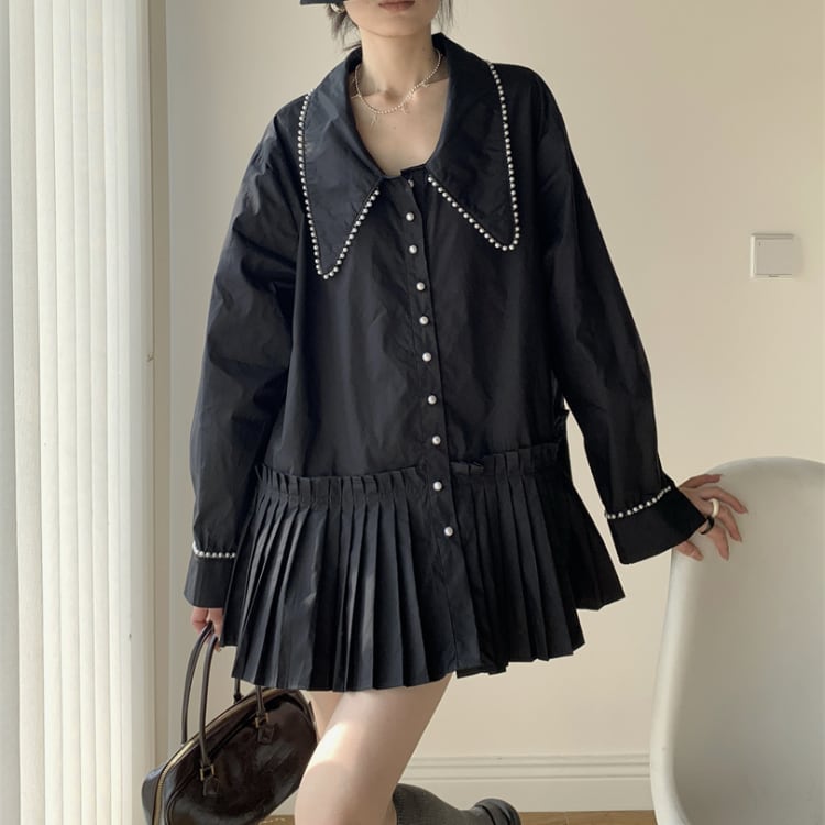 パール装飾ビッグカラー×プリーツデザインシャツ◆2col R30066