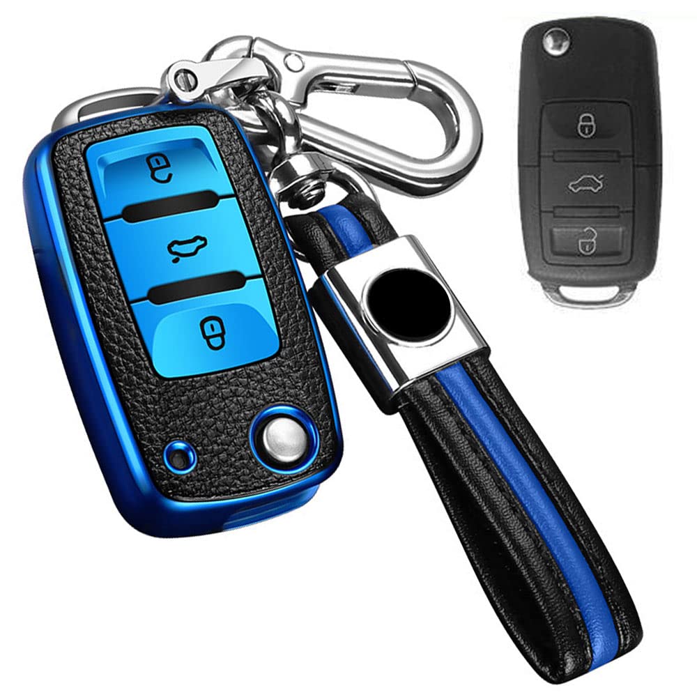 キーケース フォルクスワーゲン 用 スマートキーケース vwキーカバー 3ボタン 柔らかい TPU フォルクスワーゲン専用設計 フォルクスワーゲン パサート B5 B6 ゴルフ 4 5 6 ジェッタ Mk6 ティグアン Gol シロック ビートル 等に適用キーホルダー (ブルー)