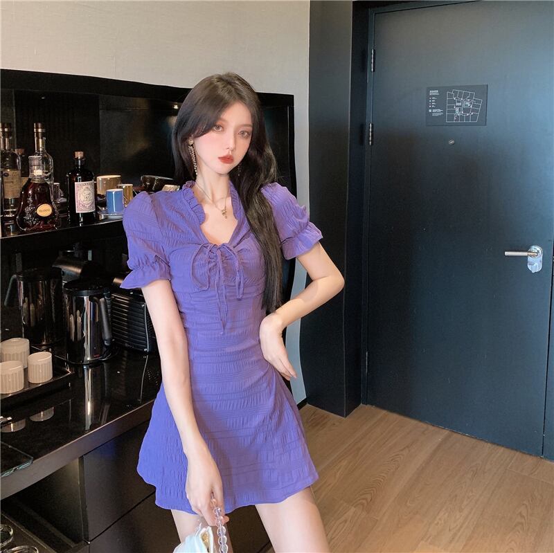 スタイルスタンダードウェストドレス サマー レトロ 夏物 パープル ドラファッションホール32889888756