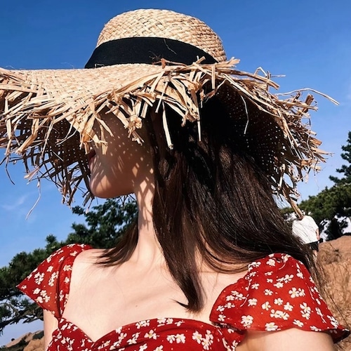 【予約販売】麦わら帽子 ツバ広 黒 リボン 女優帽  夏 ハット レディース 海 ガーリー アウトドア 可愛い 日焼け防止 紫外線 こなれ感 お洒落  韓国 トレンド