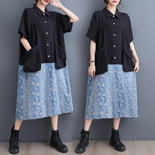 新品 大きいサイズ 春夏半袖 デニム切替ワンピ ゆったり体型カバー
