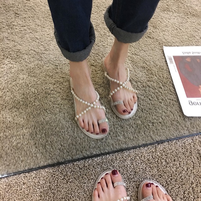 ミュールサマーレッドパールラインストーンサンダル 靴 シューズ 夏物 真珠 フェイクシューズ4793709180
