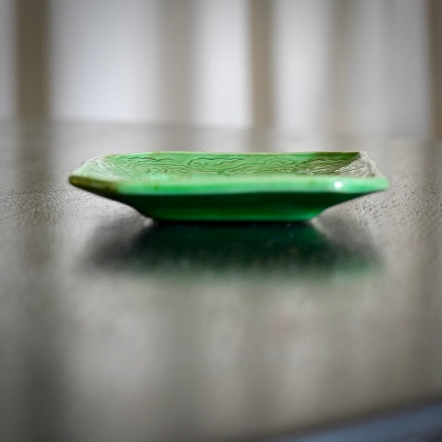 26102】 珉平焼 角グリーン（1個） 江戸〜明治 / Minpei Yaki Plate