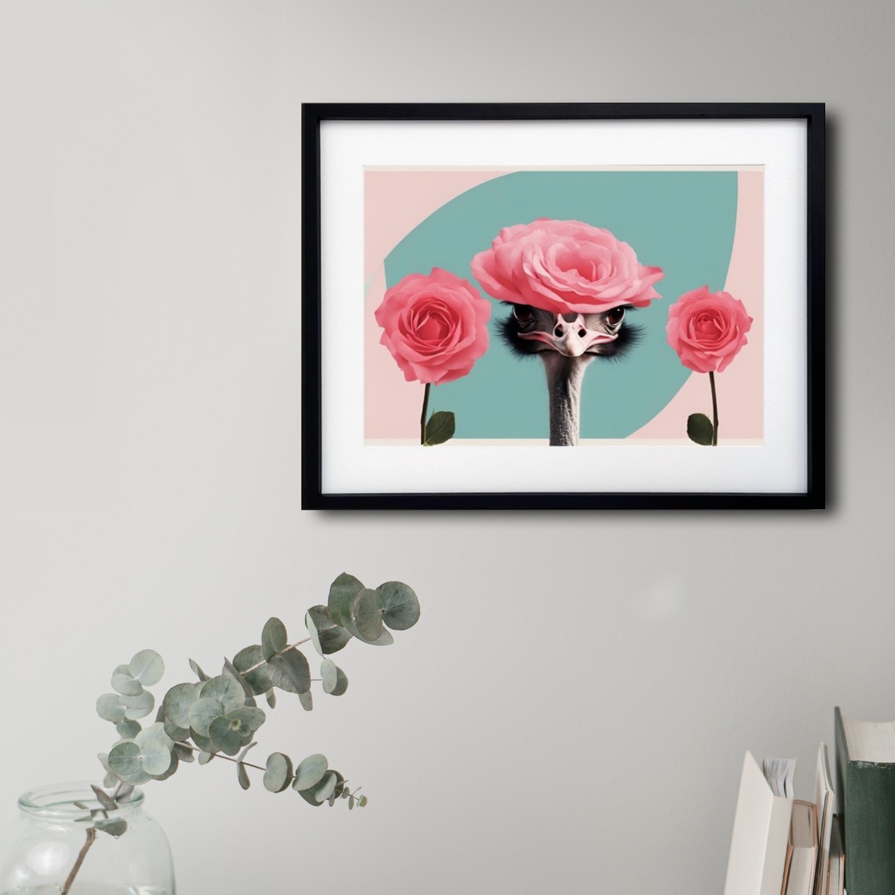 Elegant Ostrich|薔薇を纏うダチョウのエレガントアートポスター||北欧モダンに合う可愛い上品なコラージュ作品A4ポスター