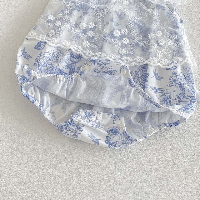 【BABY】水墨画風フラワーフリルレースロンパース - 13