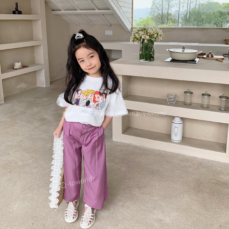 90 140 トップス 袖フリル パンツ ワイド Tシャツ プリンセス 半袖 韓国版 可愛い 子供服 女の子 Q Toworld キュートワールド 子供服
