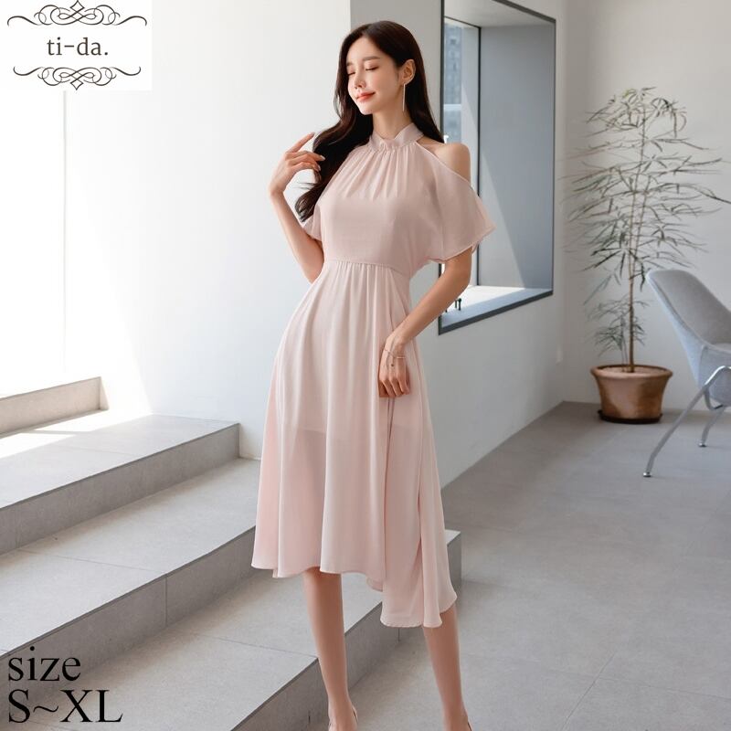 No 2503 韓国ワンピース きれいめワンピース 大人可愛いワンピース フレアワンピース パーティードレス オープンショルダー 透け感 シースルー レディース Ti Da 韓国ワンピース専門店