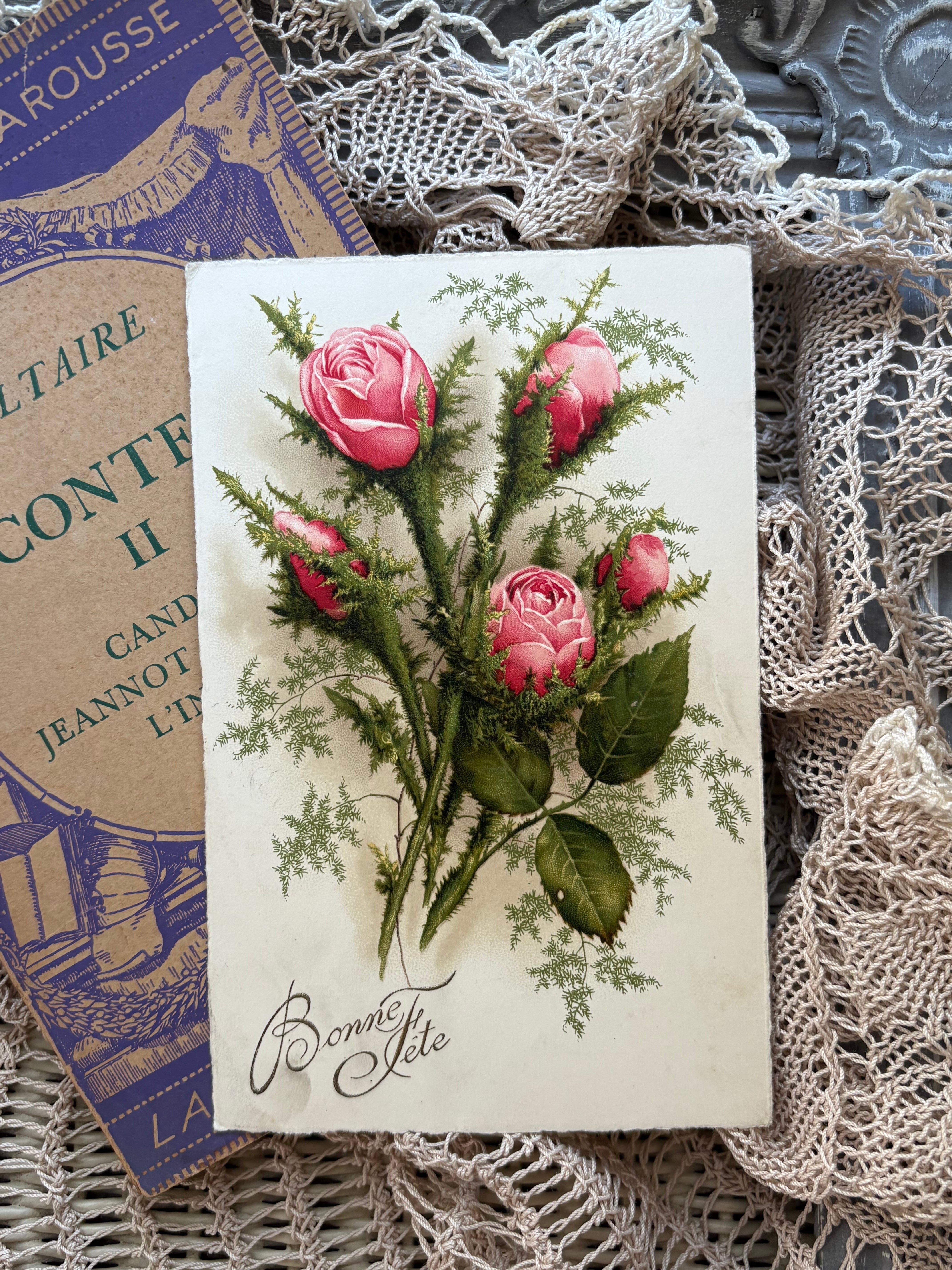 アンティークポストカード Bonne Fete 薔薇の蕾 Rose 花柄 1942年 額装 インテリア小物 コラージュ