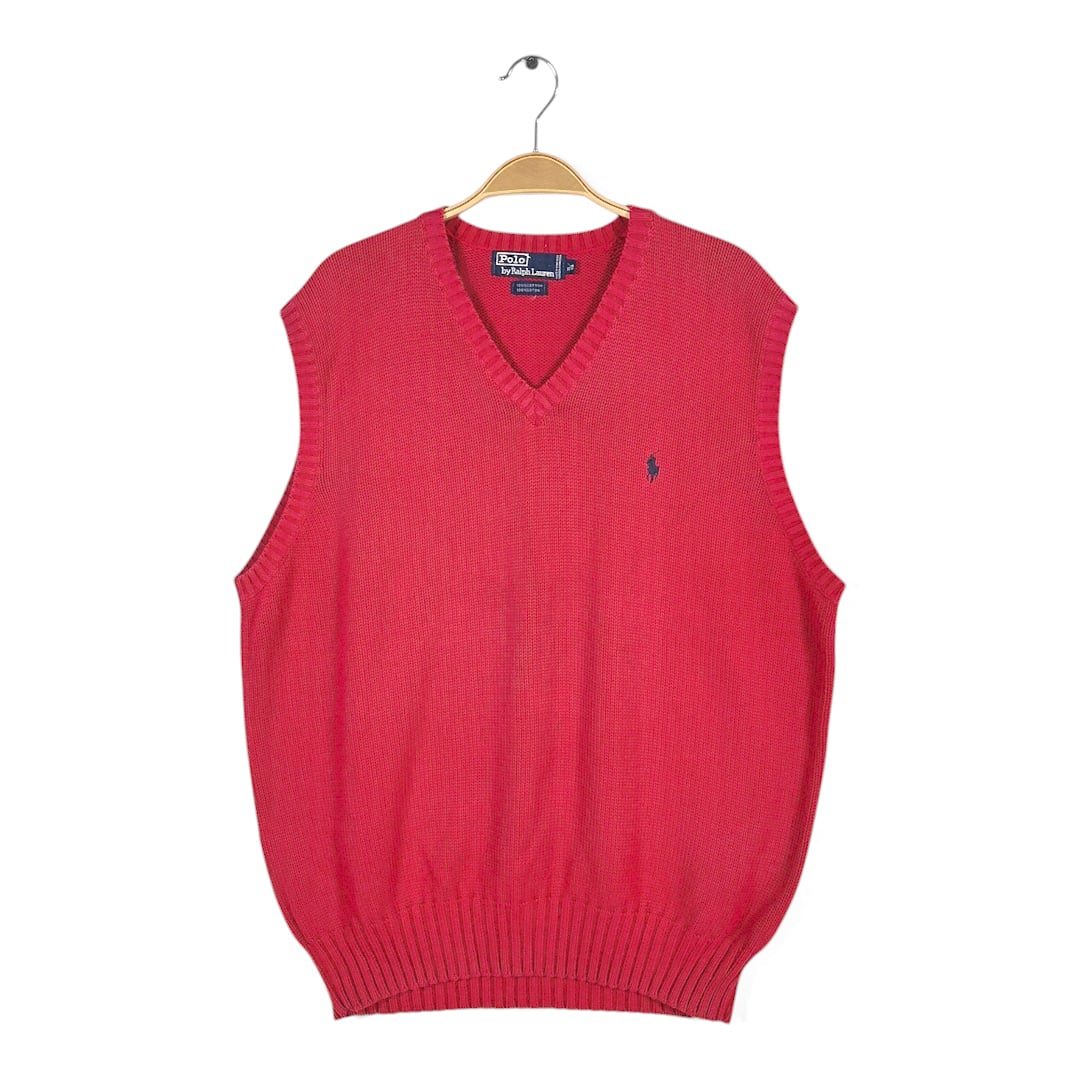 90s ポロ ラルフローレン コットンニット Vネック ベスト ワンポイント レッド POLO RALPH LAUREN サイズXL 古着 CJ0119