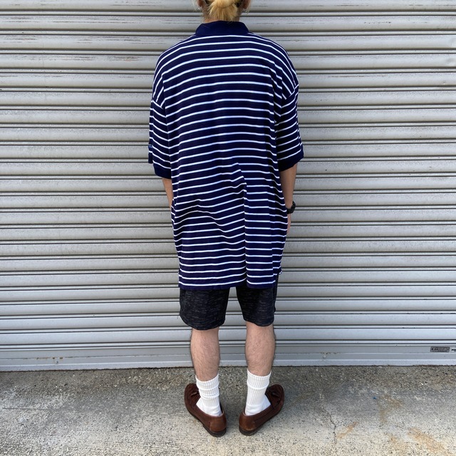 90s EddieBauer EBTEK ボーダー柄半袖ポロシャツ 紺 XL