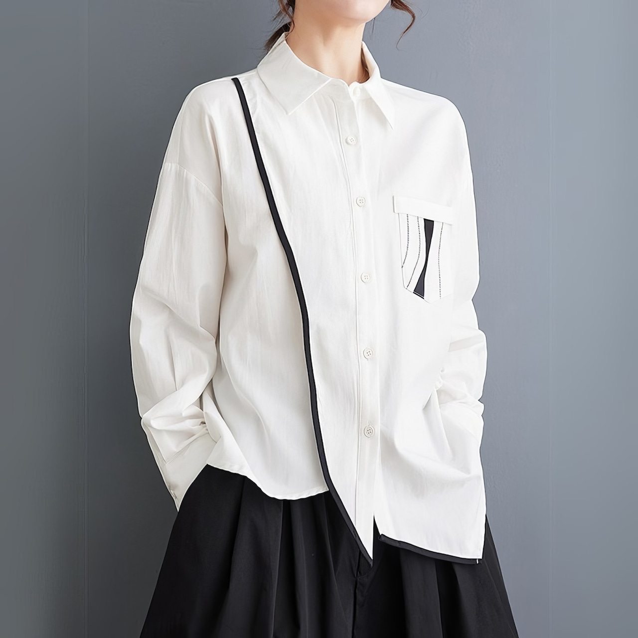 バイカラー アシメトリーヘム シャツ 00089