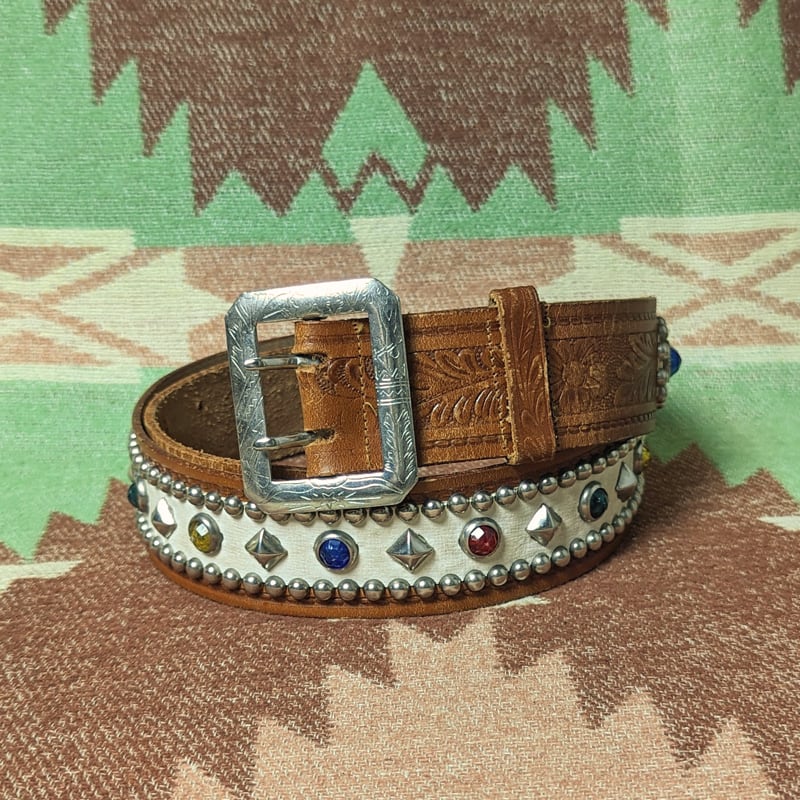 50s W-Pin Buckle Studded Brown Leather Belt （36） | Wonder Wear 
