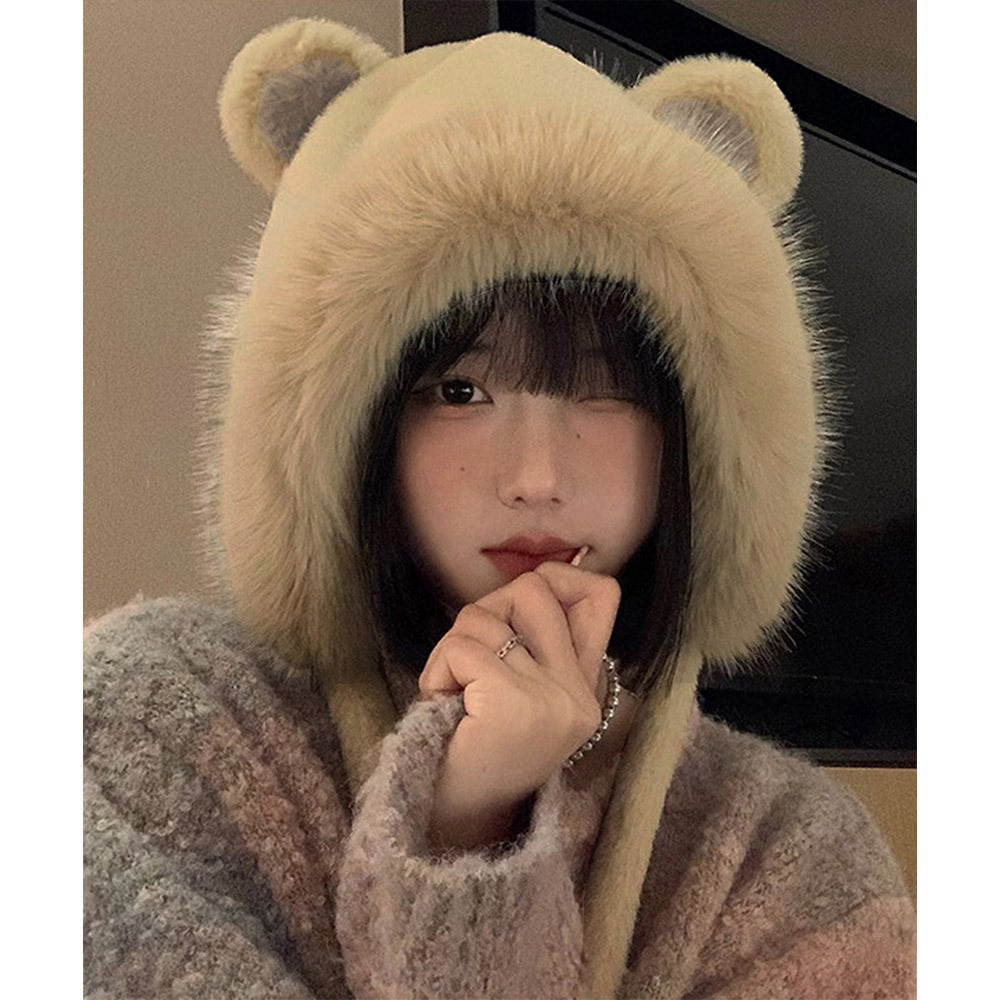 くま耳 ファー ハット レディース 韓国 帽子 防寒 保温 おしゃれ 大人 かわいい 暖かい 柔らかい 小顔 ふわふわ ポンポン付き 大人可愛い 大人女子