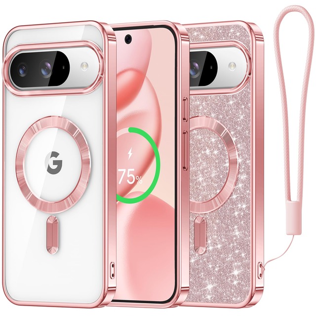 Meifigno ケース Google Pixel 10/10 Pro用 [MagSafe対応][グリッターカード&リストストラップ] サラウンドレンズ保護 Pixel 10/10 Proケース用 ローズゴールド