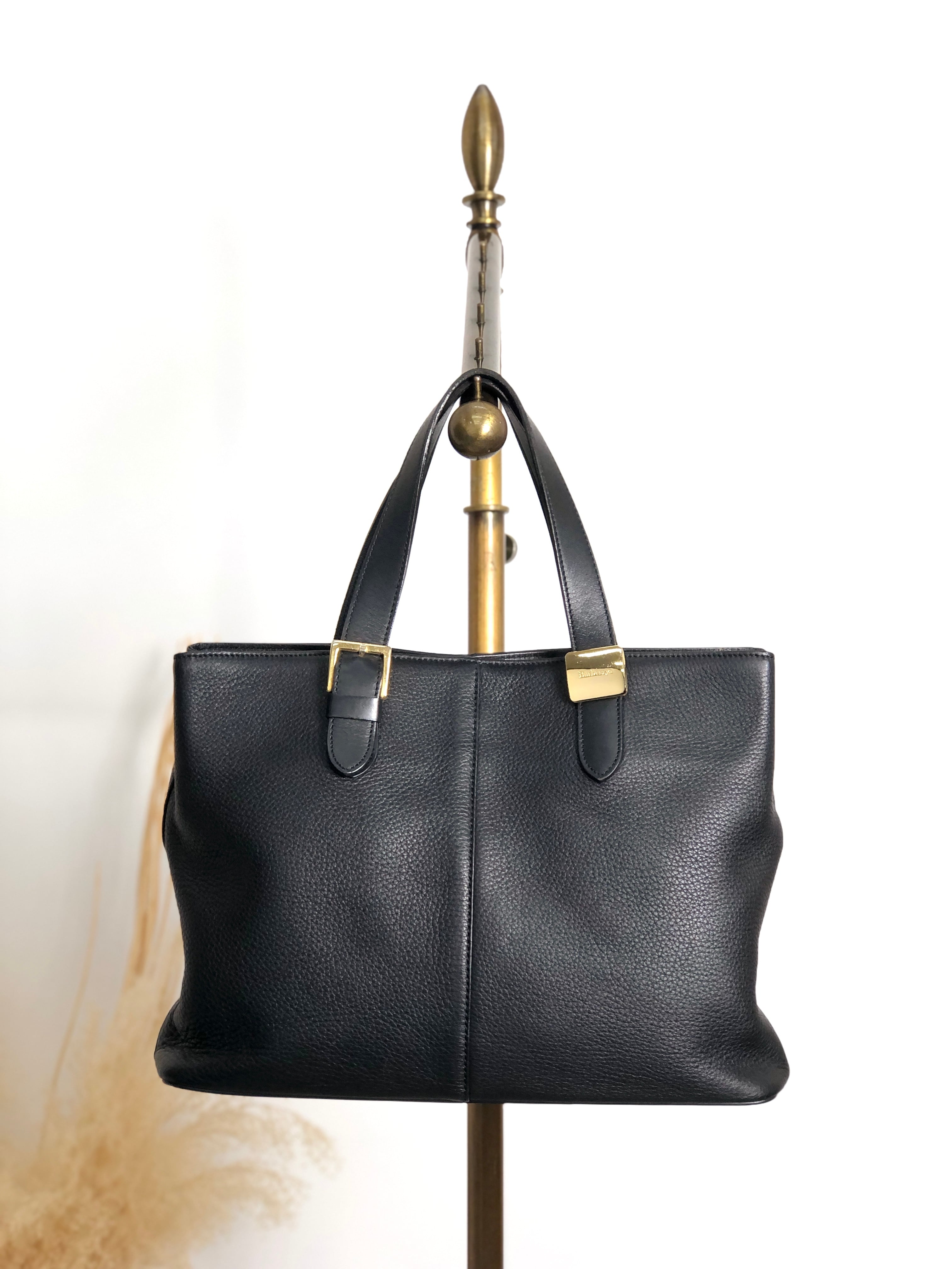 BURBERRY バーバリー ハンドバッグ ブラック レザー vintage ヴィンテージ オールド w33ucy