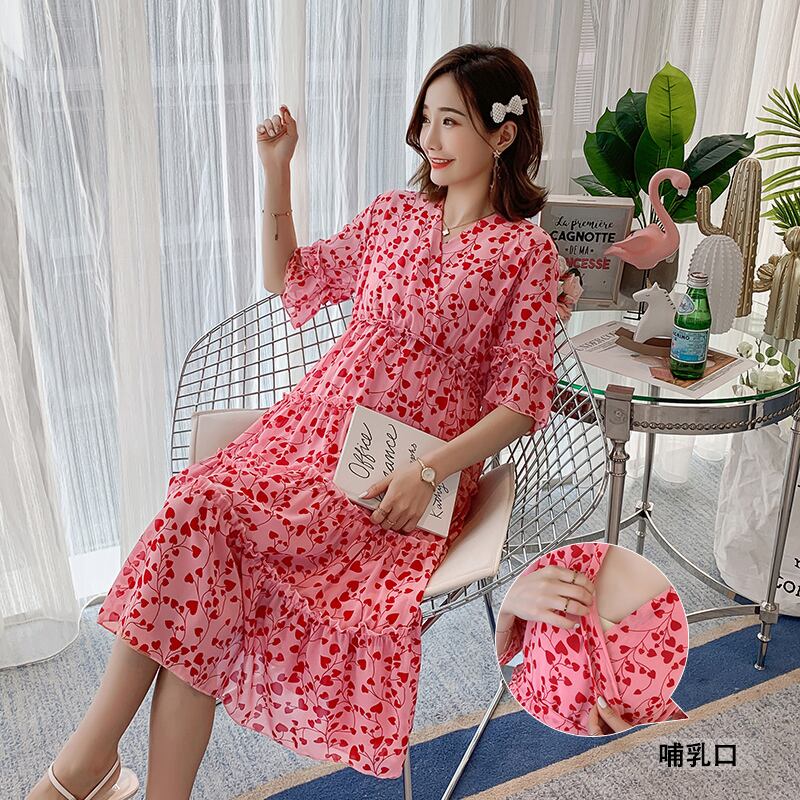 【新作】【送料無料】 母乳育児ドレス妊婦サマーマタニティドレスVネックシフォンプリントプリーツナーシングドレスパーティー 夏物 AL expec330323336740