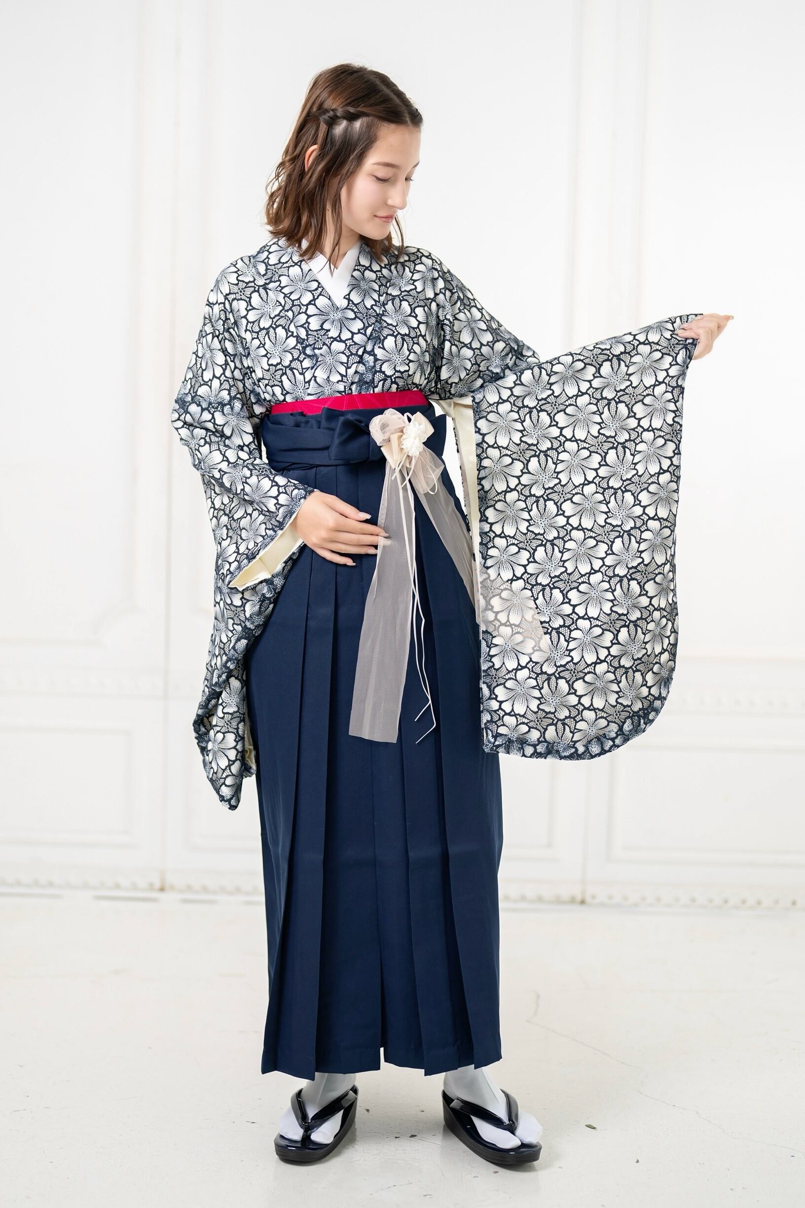 Kimono Sienne 卒業式袴3点セット レース二尺袖 紺×白 二尺袖着物 袴