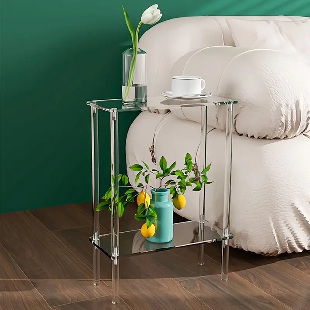 サイドテーブル クリア 2段 コンパクト 省スペース おしゃれ かわいい インテリア 北欧 スリム ナイトテーブル コーヒーテーブル 4-7