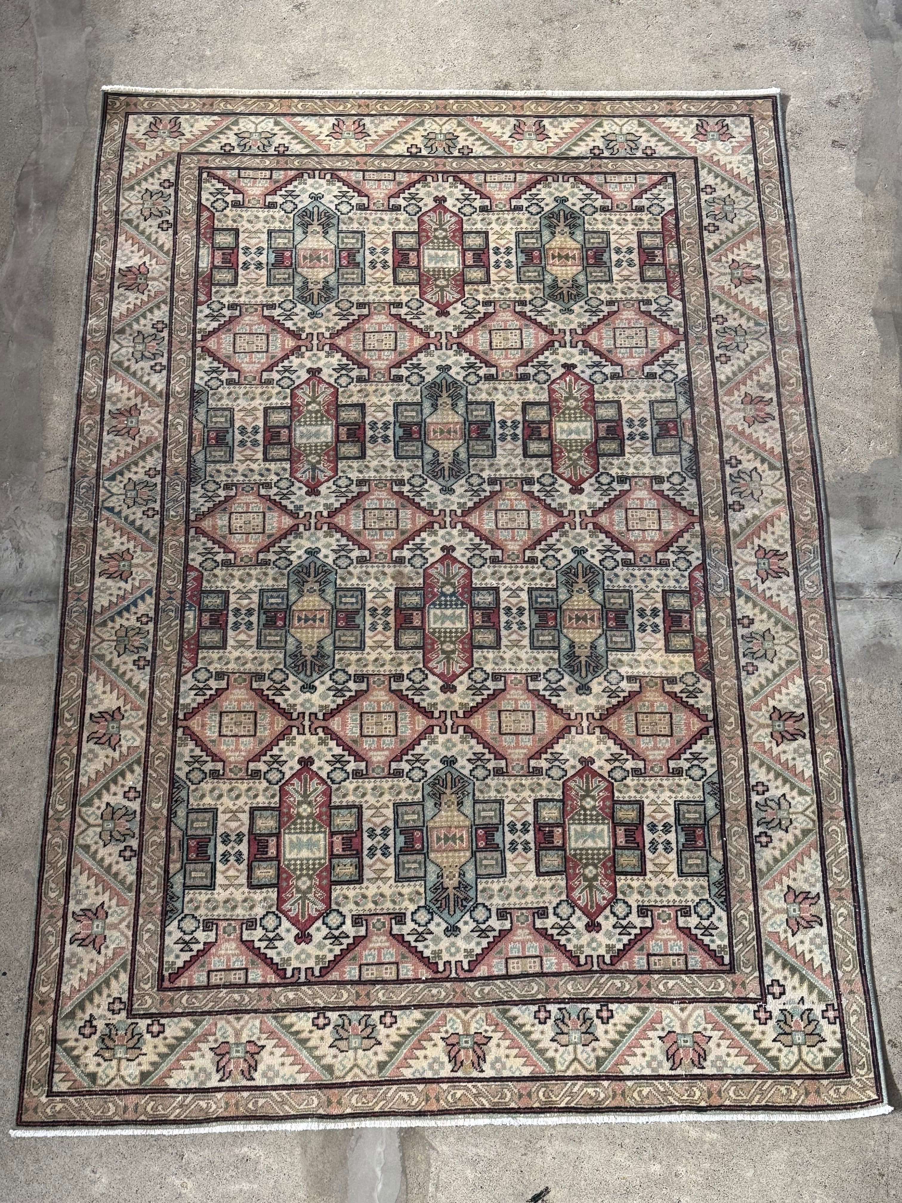 専用82.5×185 ココア×クリーム×ネイビー 紋章 トルコヴィンテージラグ Antiques&Crafts880