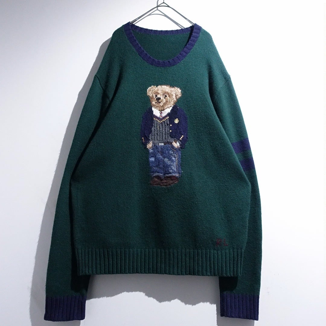 90s "Polo by Ralph Lauren" Green Polo Bear Design Wool Knit