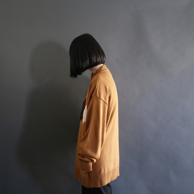 nice brown argyle patch work mock neck loose knit