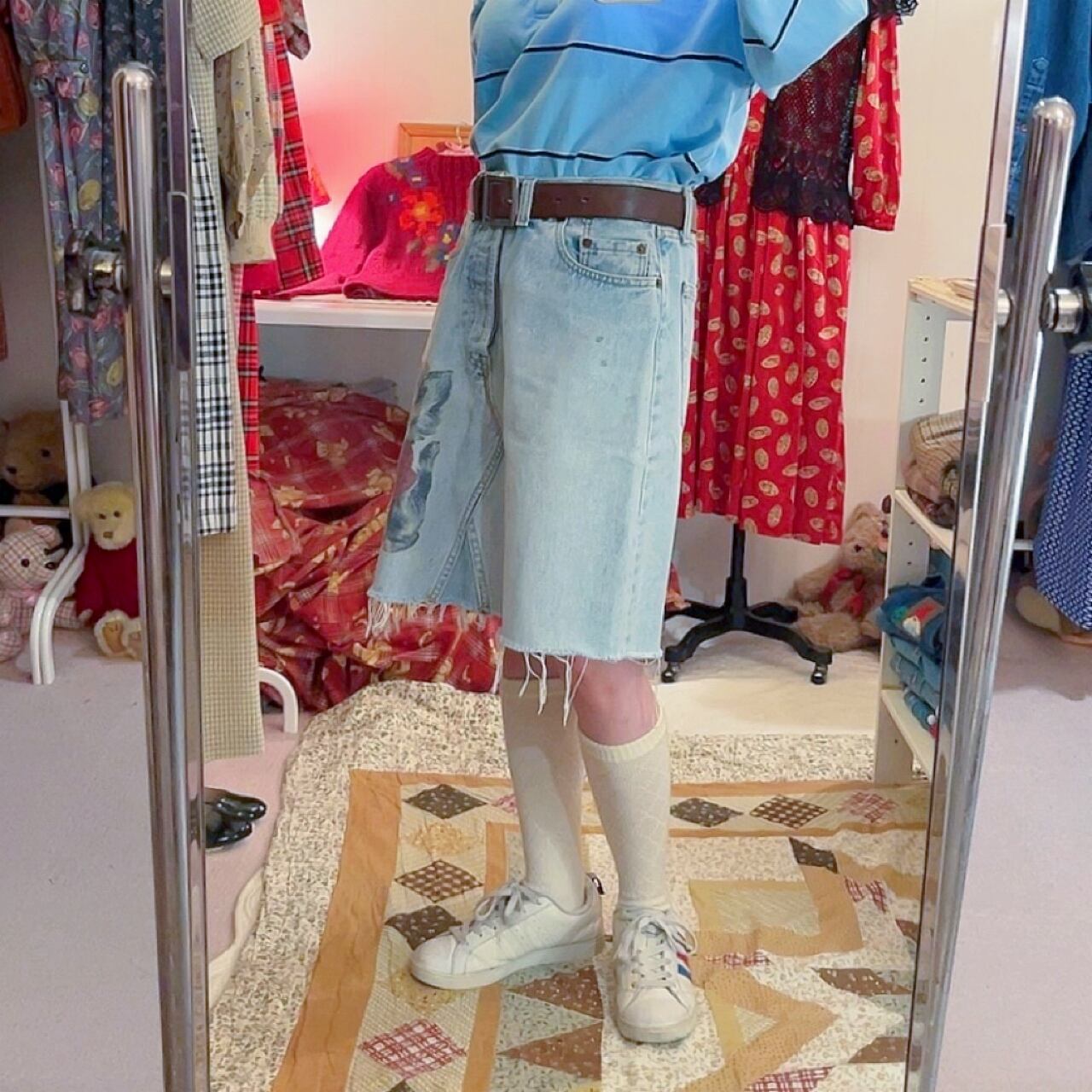 cat printed denim skirt